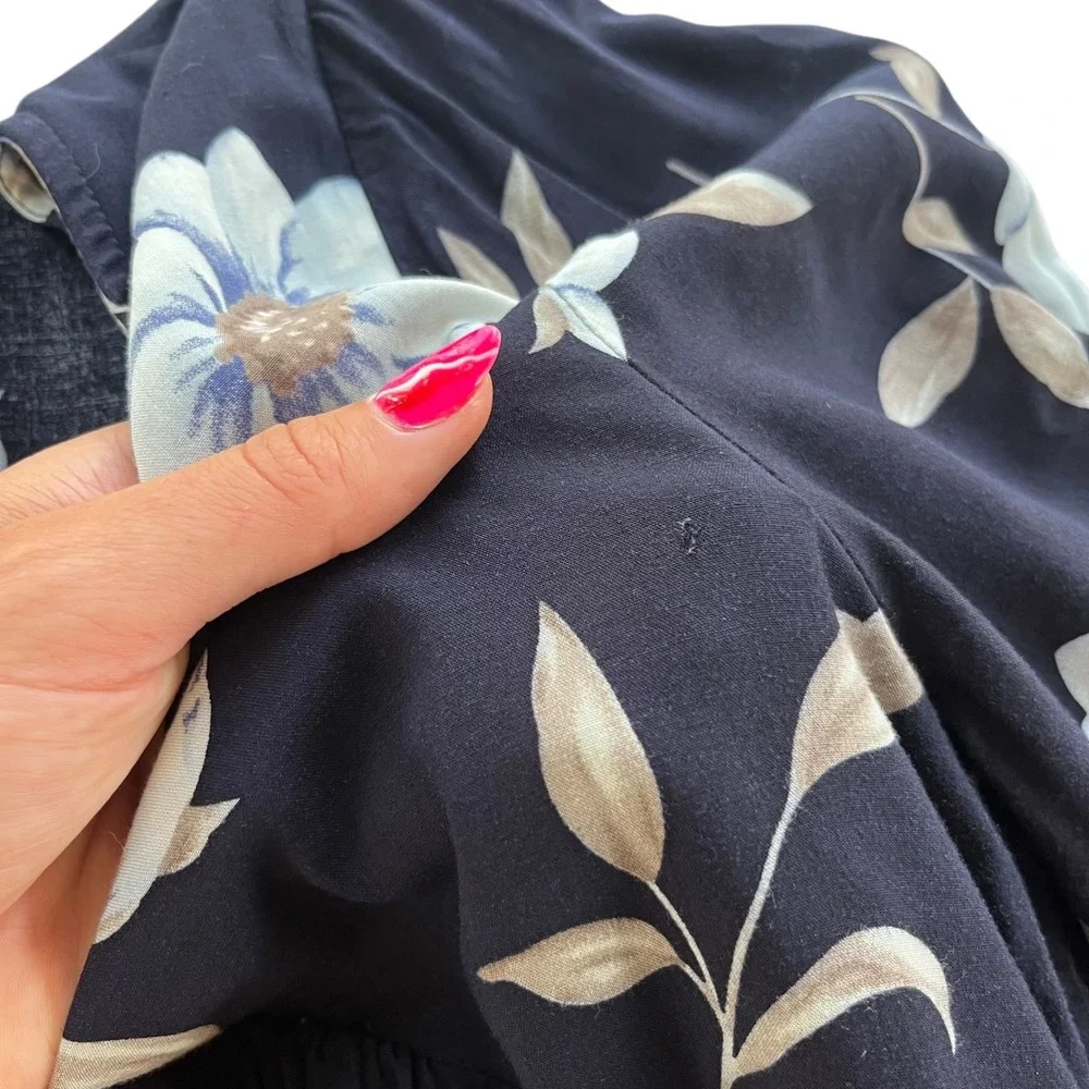 Entro Women L Navy Blue Floral Print 3/4 Tie Sleeve V Neck Ruffle Hem Dress Boho
